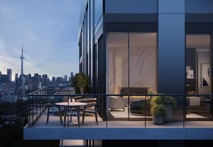 Forêt Condos Exterior View of Private Balcony Against City Skyline